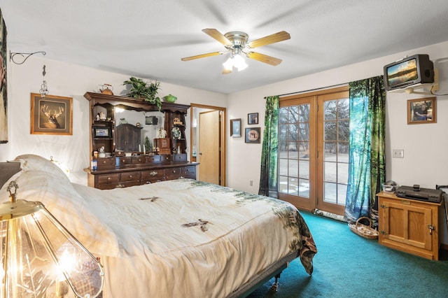 carpeted bedroom featuring ceiling fan and access to exterior