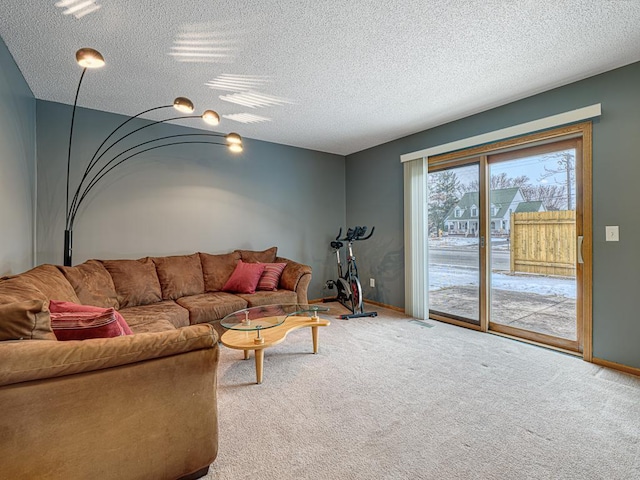 living room with a textured ceiling and carpet flooring