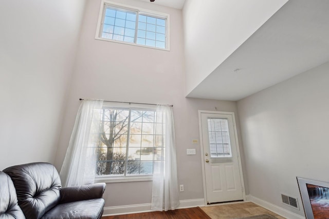 foyer entrance featuring a towering ceiling, plenty of natural light, and wood-type flooring