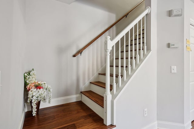 stairway with hardwood / wood-style flooring