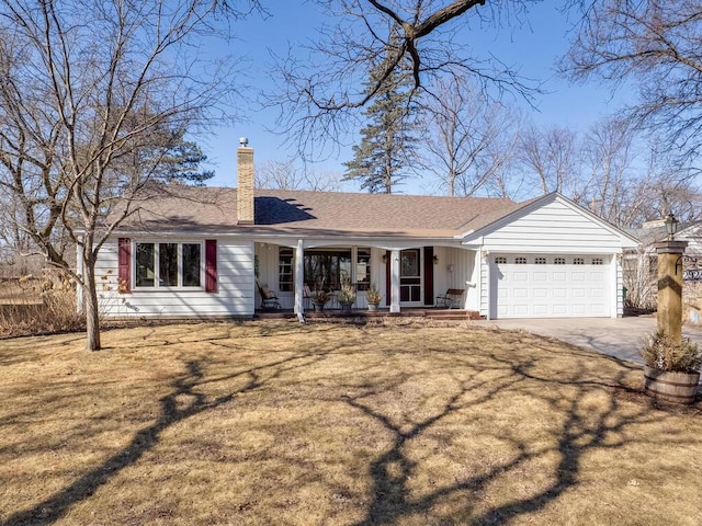 single story home featuring a front lawn, a porch, concrete driveway, a garage, and a chimney