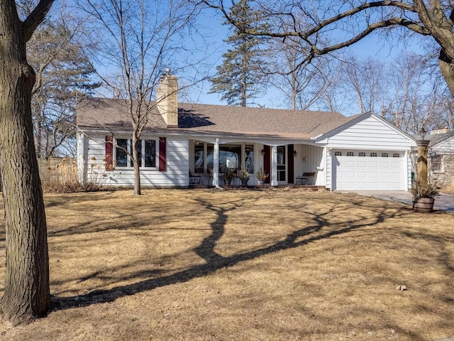 ranch-style house with concrete driveway, roof with shingles, covered porch, a chimney, and a garage