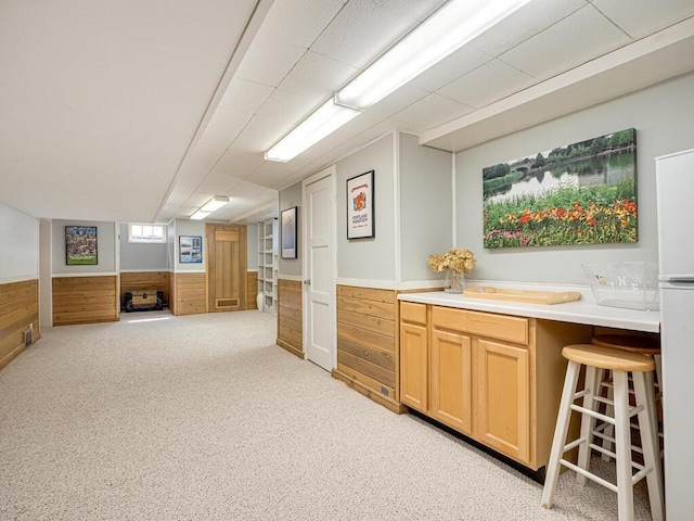 bar featuring light colored carpet, a wainscoted wall, and wood walls