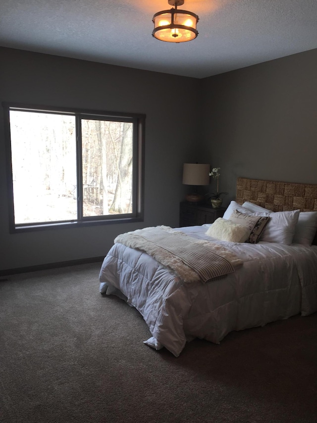 bedroom with a textured ceiling and carpet