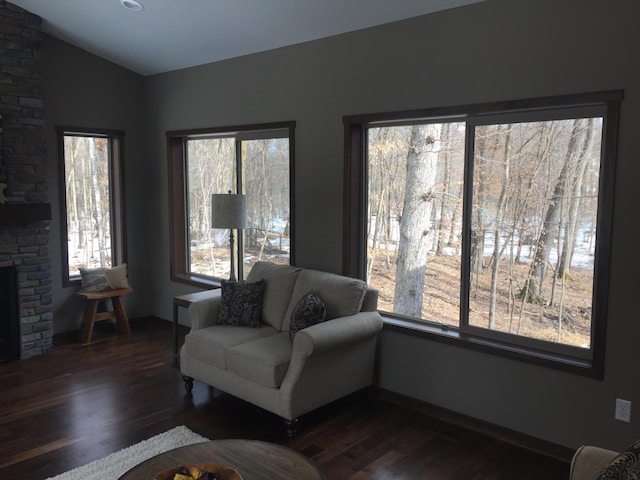 living room with dark wood-type flooring, vaulted ceiling, a fireplace, and a wealth of natural light