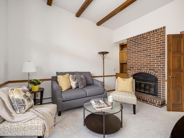 carpeted living room featuring a baseboard heating unit, lofted ceiling with beams, a fireplace, and baseboards