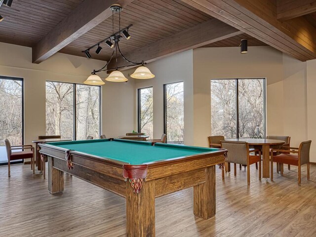 recreation room with wooden ceiling, light wood-style flooring, rail lighting, and beamed ceiling