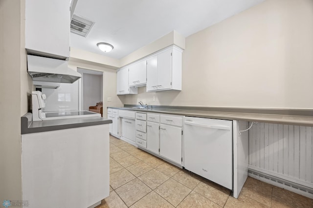 kitchen with stove, white cabinets, dishwasher, and custom exhaust hood