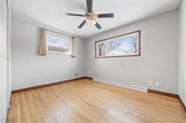 unfurnished room featuring ceiling fan, light hardwood / wood-style flooring, and a baseboard heating unit