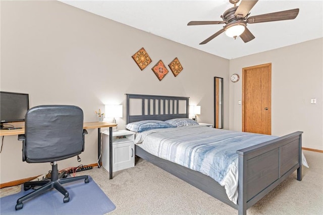 bedroom featuring ceiling fan and light colored carpet