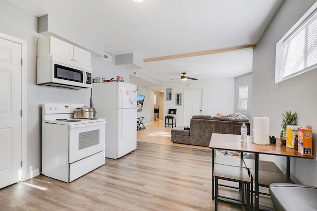 kitchen featuring ceiling fan, white cabinets, white appliances, and light hardwood / wood-style floors