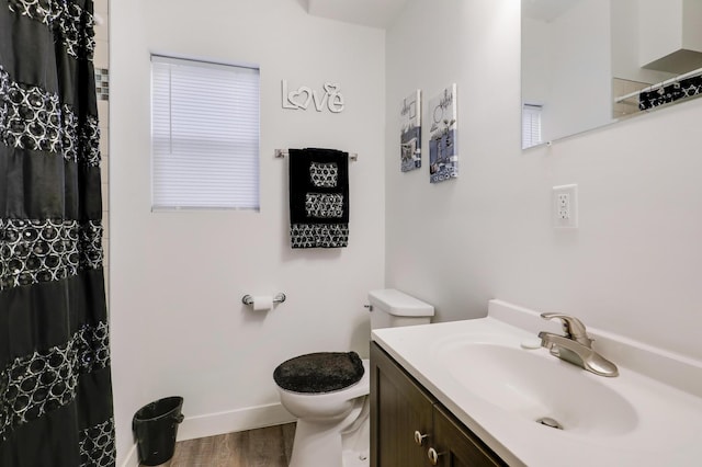 bathroom featuring hardwood / wood-style flooring, vanity, and toilet