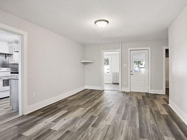 interior space featuring dark wood-type flooring and radiator heating unit