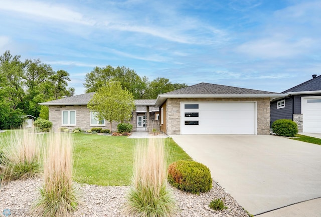 1336 Goldenwood Dr, West Fargo, ND 58078 - view of front of house with stone siding, an attached garage, driveway, a front yard, and a shingled roof