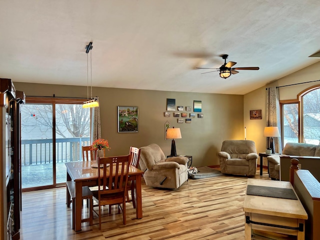 dining room featuring lofted ceiling, ceiling fan, and light hardwood / wood-style flooring