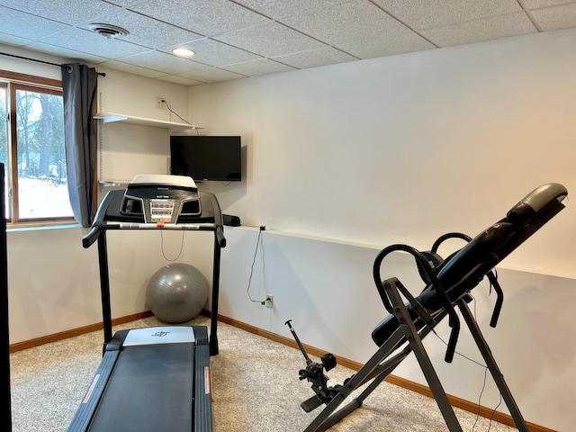 exercise room featuring light carpet and a paneled ceiling