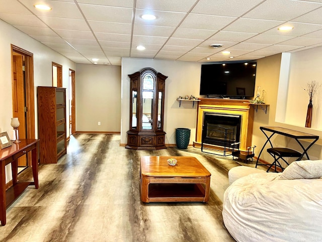 living room featuring a drop ceiling and wood-type flooring