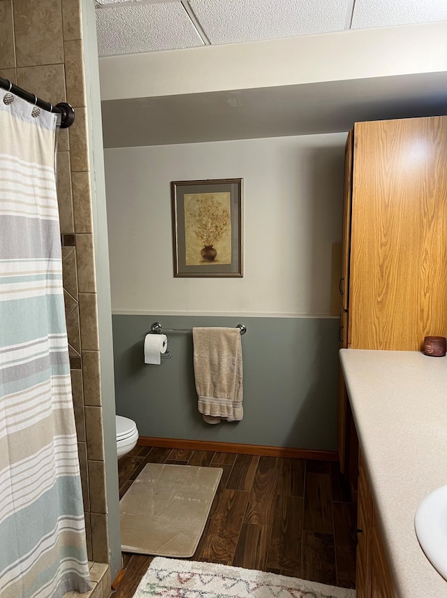 bathroom with wood finished floors, toilet, vanity, and a shower with shower curtain