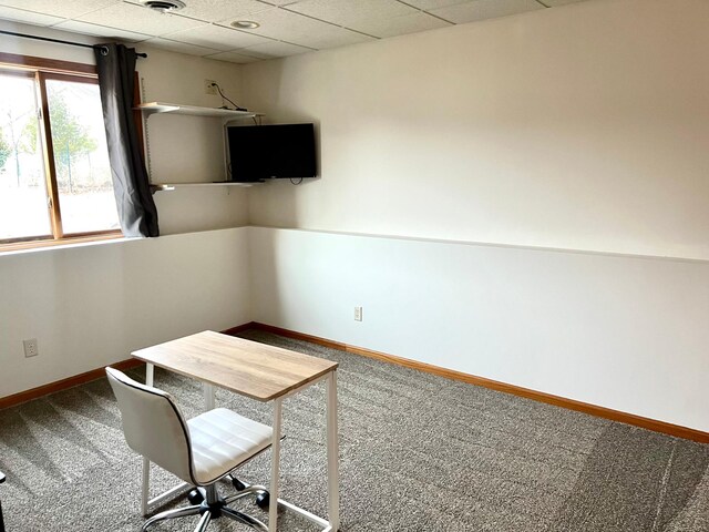unfurnished office featuring carpet flooring, baseboards, and a drop ceiling