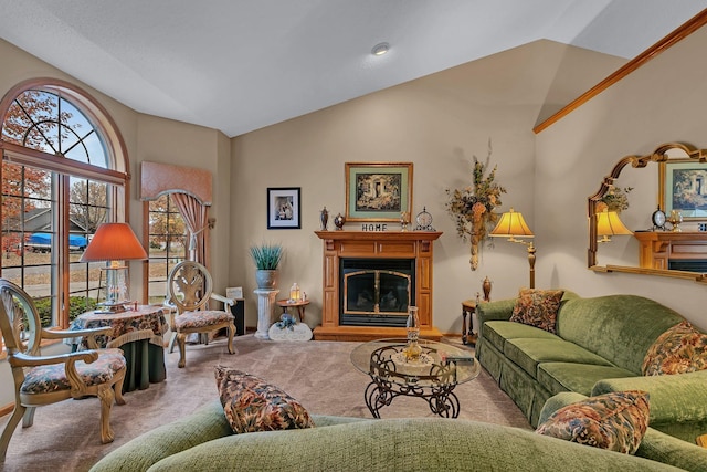 living room with light carpet and vaulted ceiling