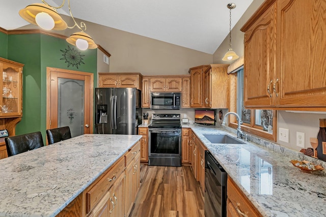 kitchen with sink, light stone counters, light hardwood / wood-style floors, pendant lighting, and appliances with stainless steel finishes