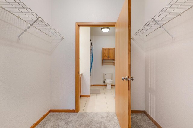 spacious closet featuring light colored carpet