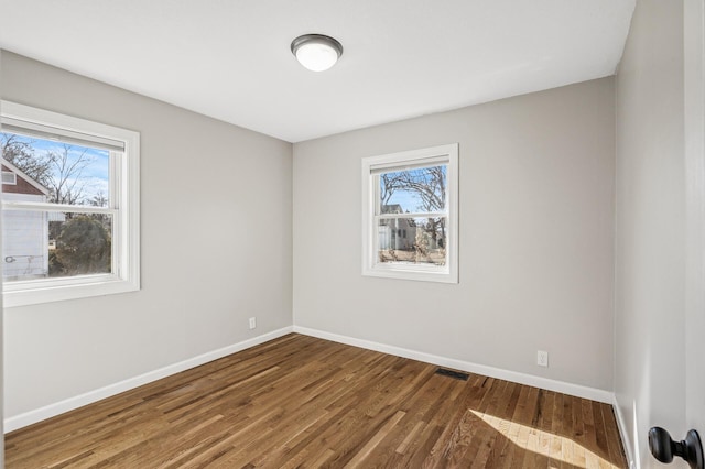 spare room featuring a wealth of natural light, baseboards, and wood finished floors