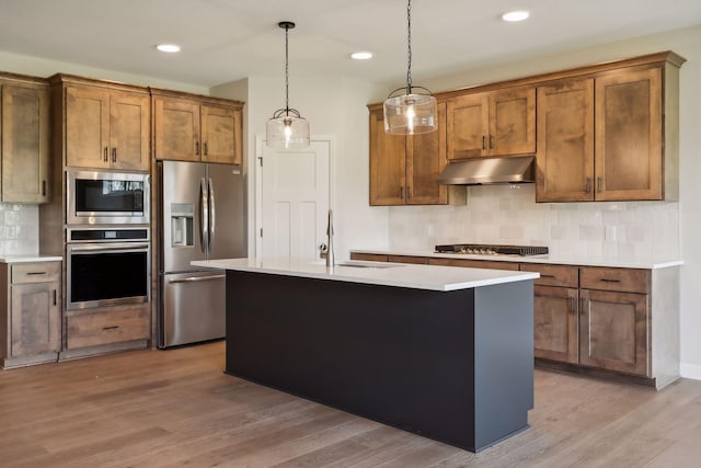 kitchen featuring pendant lighting, sink, light hardwood / wood-style flooring, appliances with stainless steel finishes, and an island with sink