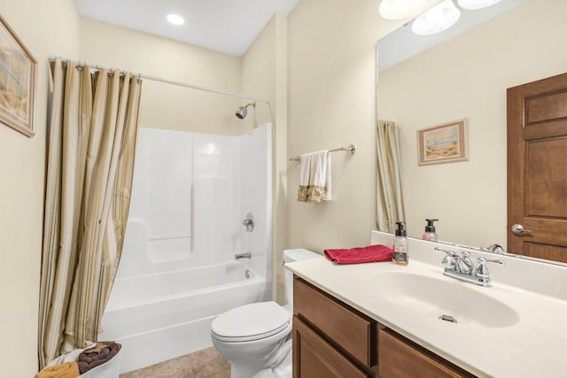 full bathroom with toilet, vanity, shower / bath combo, and tile patterned floors