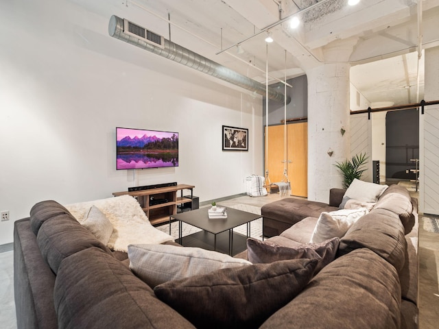 living room with a barn door