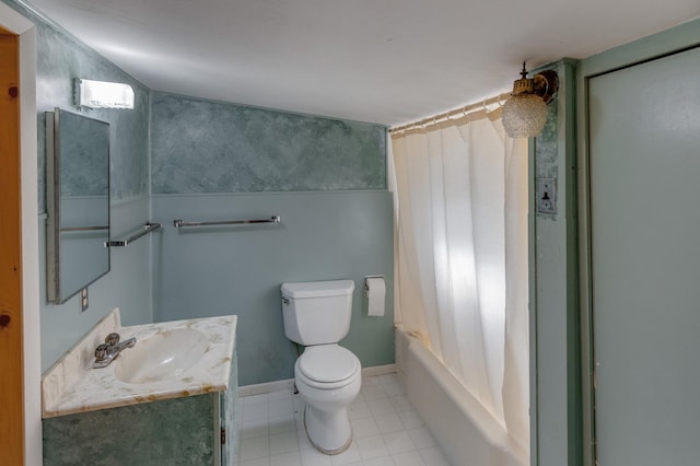 full bathroom featuring toilet, vanity, and shower / bathtub combination with curtain