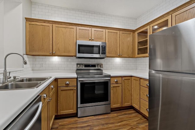 kitchen featuring stainless steel appliances, sink, backsplash, and dark hardwood / wood-style flooring