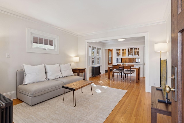 living area with baseboards, light wood-style flooring, and ornamental molding