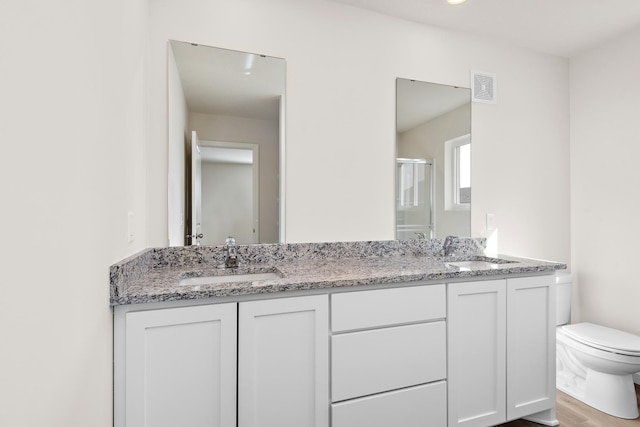 bathroom featuring a shower with shower door, wood-type flooring, toilet, and vanity