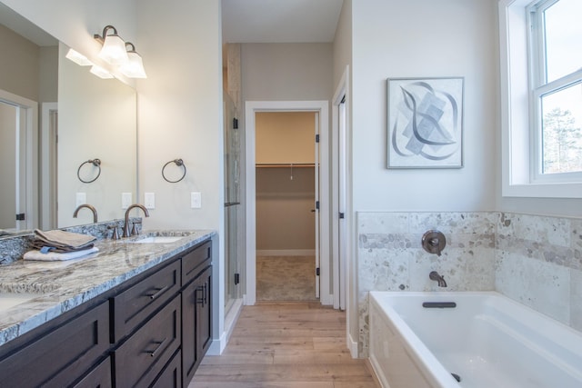 bathroom with a washtub, hardwood / wood-style floors, and vanity