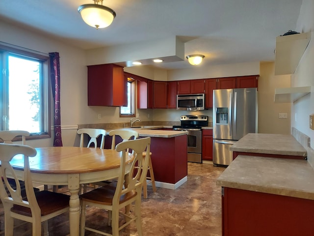 kitchen featuring kitchen peninsula, stainless steel appliances, plenty of natural light, and sink