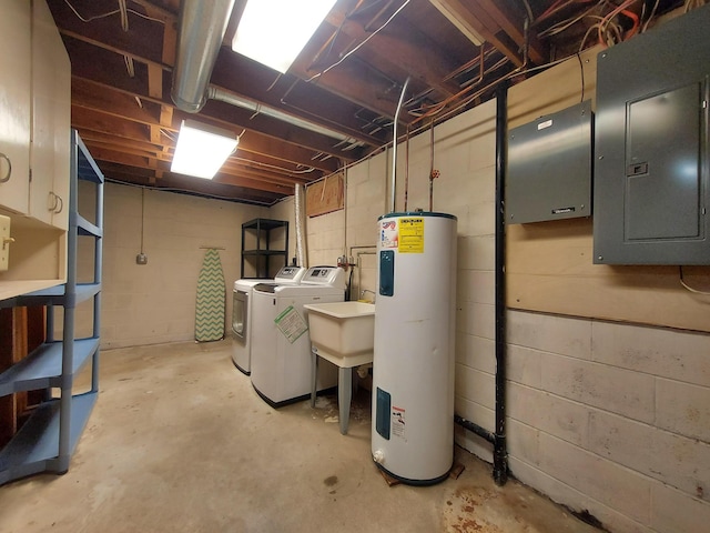 basement with separate washer and dryer, electric water heater, and electric panel