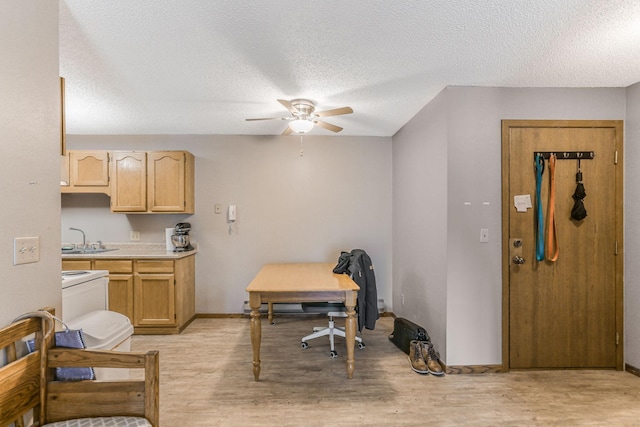 interior space featuring sink, a textured ceiling, light hardwood / wood-style flooring, and ceiling fan