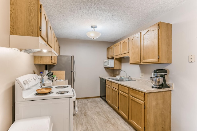 kitchen with sink, electric range, black dishwasher, light hardwood / wood-style floors, and a textured ceiling