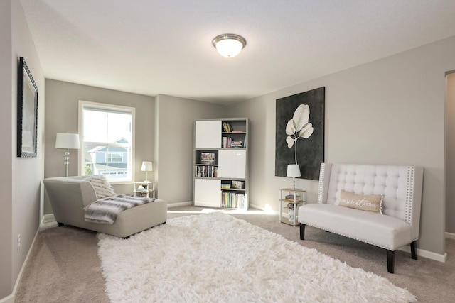 sitting room featuring carpet floors and baseboards