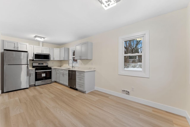 kitchen featuring sink, gray cabinets, stainless steel appliances, and light wood-type flooring