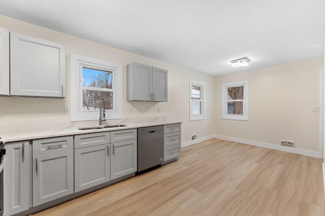 kitchen with gray cabinetry, stainless steel dishwasher, light hardwood / wood-style flooring, and sink