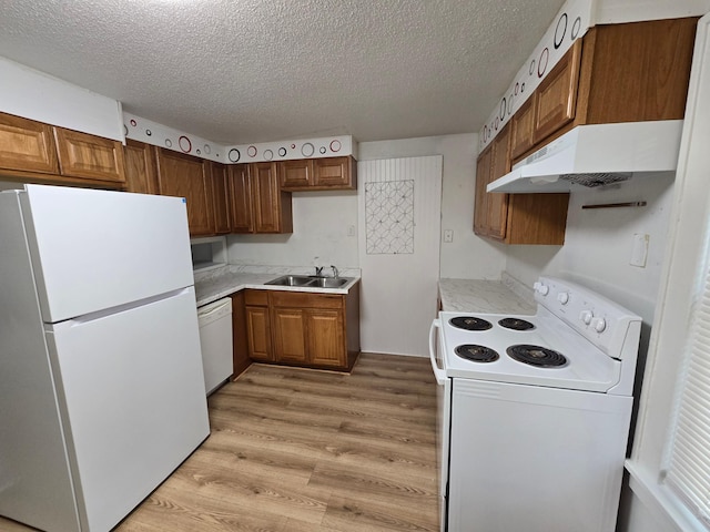 kitchen with white appliances, a textured ceiling, light hardwood / wood-style flooring, and sink