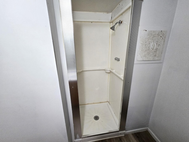 bathroom featuring walk in shower and hardwood / wood-style floors