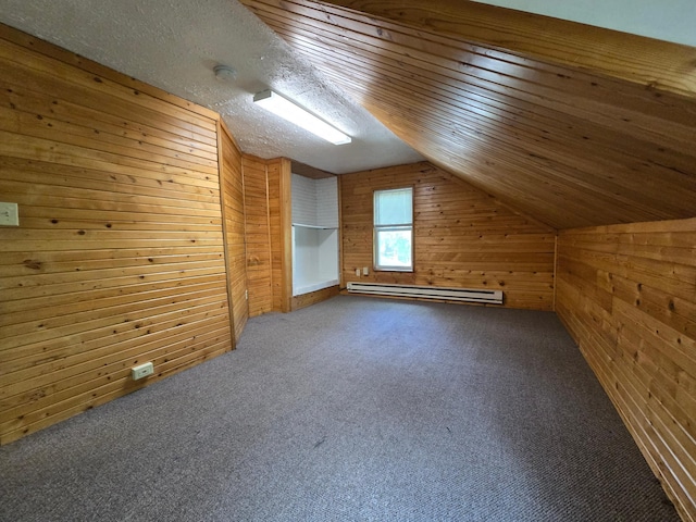 additional living space with a baseboard radiator, a textured ceiling, lofted ceiling, wood ceiling, and wood walls