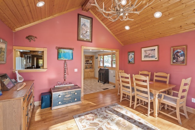 dining room featuring lofted ceiling, recessed lighting, a chandelier, wood ceiling, and wood finished floors