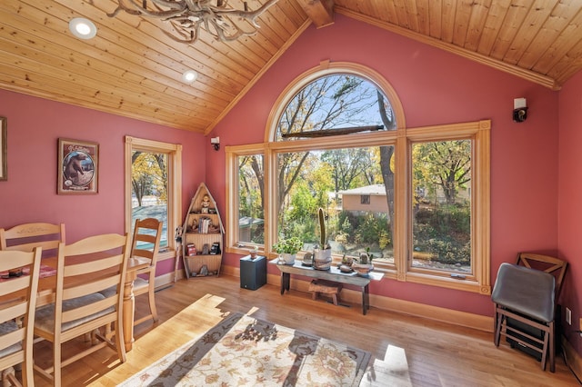 dining area with plenty of natural light, lofted ceiling, wooden ceiling, recessed lighting, and wood finished floors