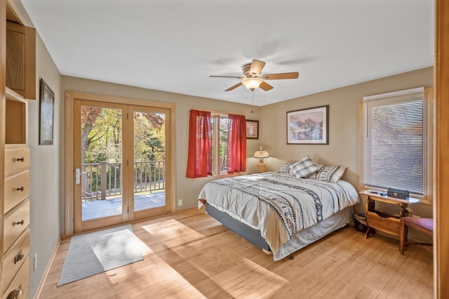 bedroom featuring light wood-style flooring, access to outside, ceiling fan, and baseboards