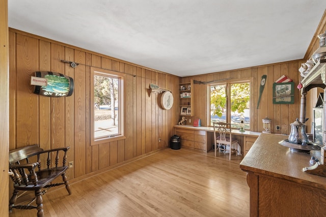 office featuring wooden walls, light wood-type flooring, and baseboards