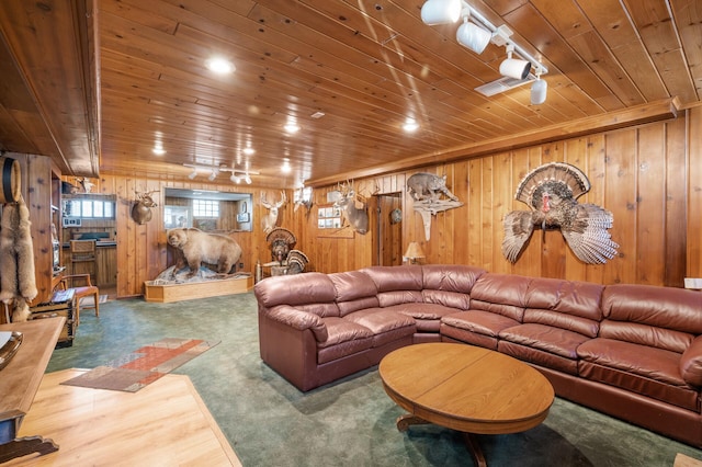 carpeted living area with wooden ceiling and wooden walls